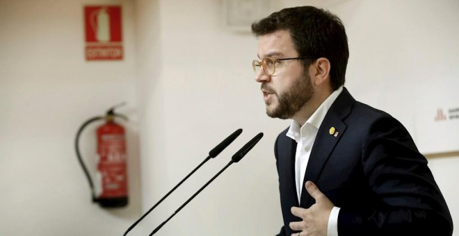 Imagen de archivo de Perè Aragonès en rueda de prensa./ Toni Albir (EFE)