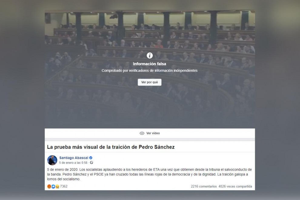 La publicación de Santiago Abascal etiquetada como 'información falsa'. / Facebook