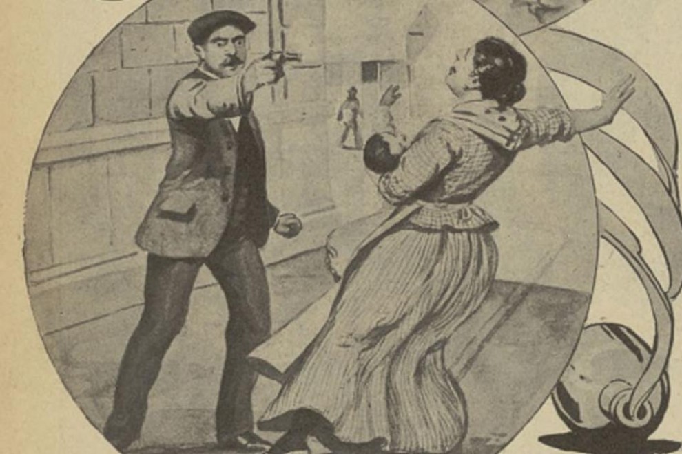 Ilustración de la noticia 'Cinco tiros a una mujer' en Bilbao, publicado en 'Las Ocurrencias' en 1911.