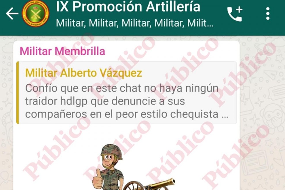 Captura de uno de los mensajes compartidos en el grupo de WhatsApp de la IX Promoción de Artillería, en el que se avisa de la posibilidad de una filtración coma la que destapó el chat de los militares retirados.