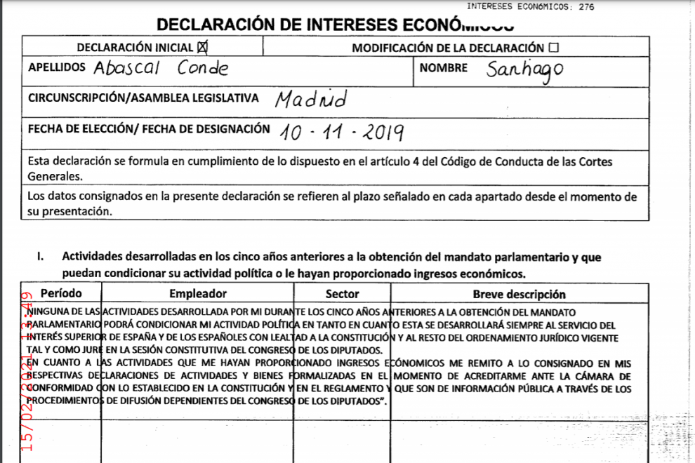 Captura de la declaración de bienes económicos de Santiago Abascal.
