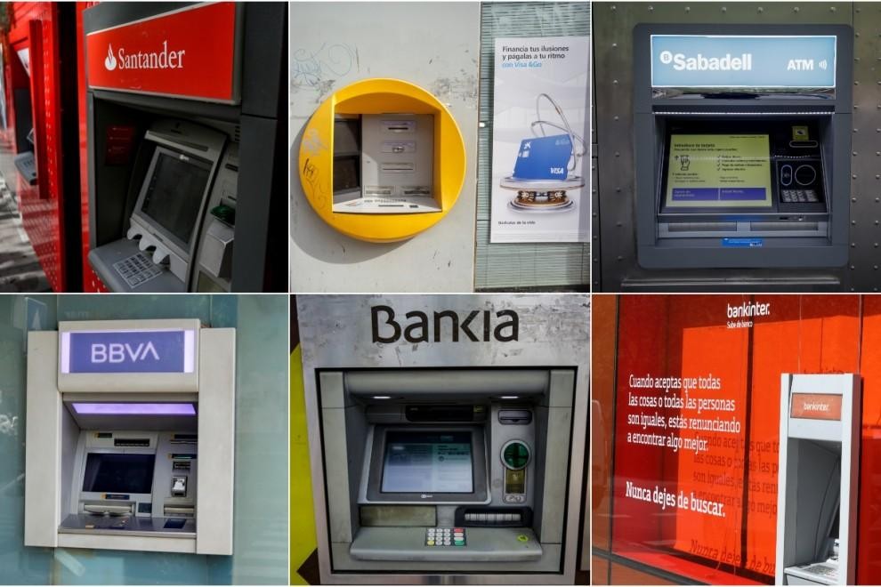 Cajeros automáticos de los seis mayores bancos españoles: Banco Santander, Caixabank, Banco Sabadell, BBVA, Bankia y Bankinter. E.P.