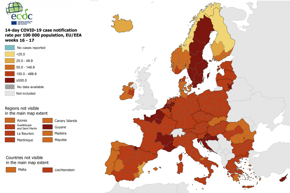 Mapa de todas las regiones de la Unión Europea y la EFTA con la situación de la pandemia