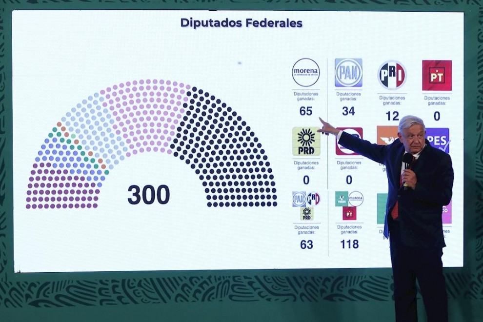 El presidente de México, Andrés Manuel López Obrador, comenta los resultados de las elecciones parlamentarias de este domingo en su habitual conferencia de prensa matutina en Palacio Nacional de la Ciudad de México. EFE/José Méndez