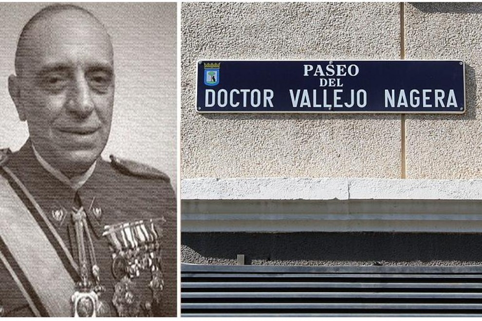 Calle en Madrid del médico franquista Vallejo-Nájera, el Mengele español, junto a una foto de época
