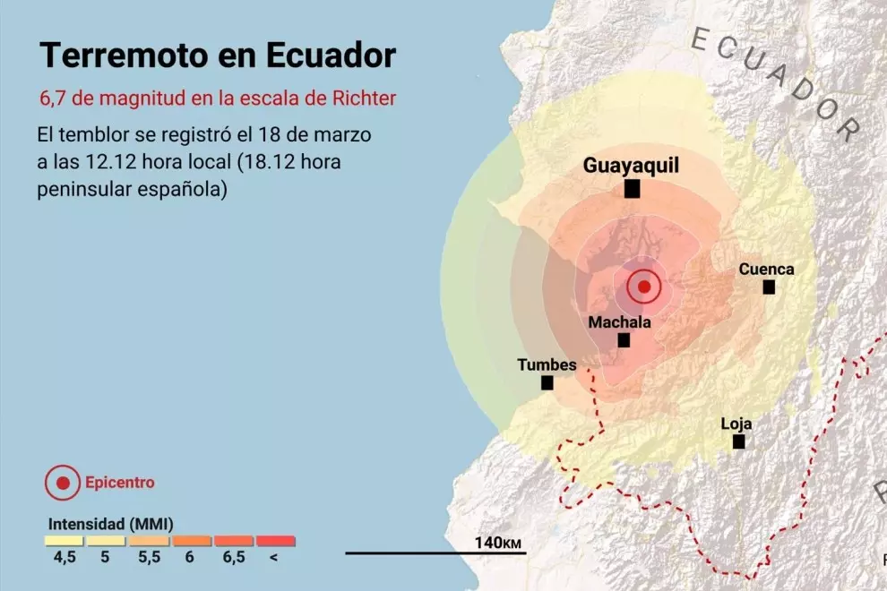 Mapa que representa la localización del terremoto de 6,7 de magnitud en la escala de Richter que ha sacudido este sábado la costa del Pacífico ecuatoriano.