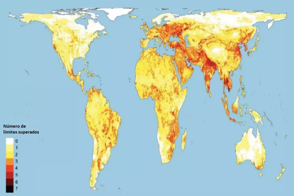 Distribución de límites ecológicos sobrepasados por regiones geográficas.