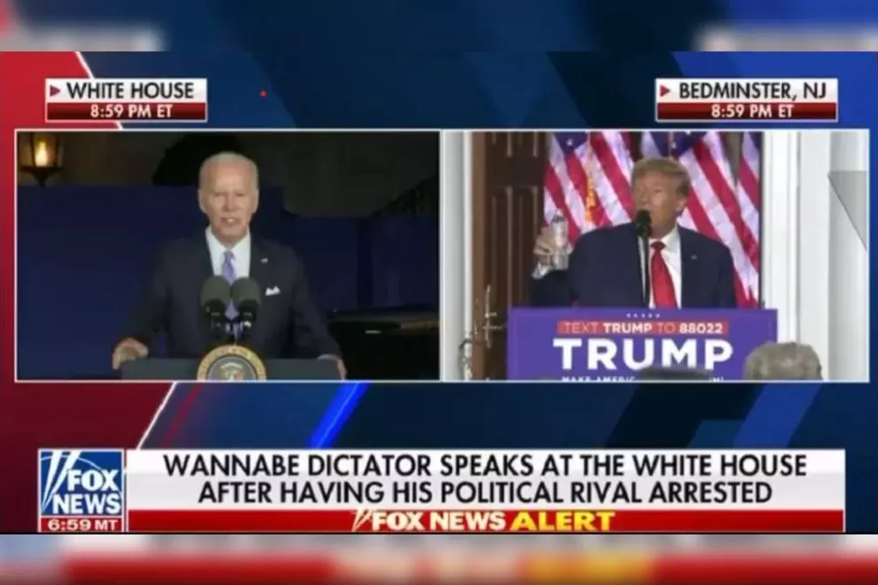 Una imagen creada a partir de la captura de pantalla del momento en que Joe Biden، presidente de Estados Unidos، es tildado de 'aspirante a dictador' por la Fox
