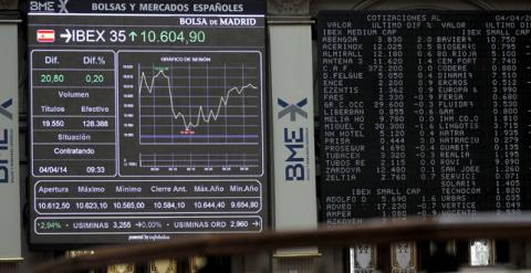 El panel del Ibex 35 en el patio de contratación de la Bolsa de Madrid.