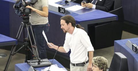 El portavoz de Podemos, Pablo Iglesias, durante su intervención en el Parlamento Europeo.