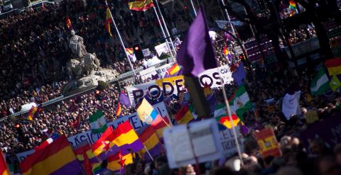 Más de 100.000 personas han participado este sábado en la Marcha del Cambia, convocada por Podemos en Madrid. -JAIRO VARGAS