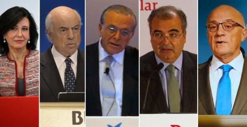 Los presidentes de los grandes bancos españoles: Ana P. Botín (Santander), Francisco González (BBVA), Isidre Fainé (Caixabank), Ángel Ron (Popular) y Josep Oli´(Sabadell). REUTERS