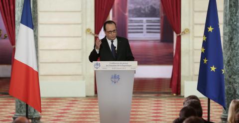 El presidente francés Francois Hollande, durante la rueda de prensa en el Palacio del Eliseo. REUTERS/Philippe Wojazer