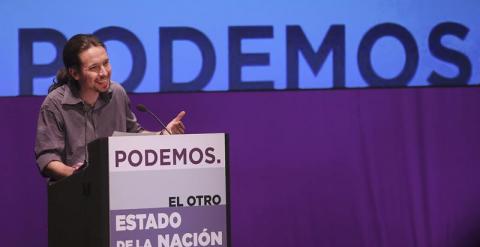 El secretario general de Podemos, Pablo Iglesias, durante su intervención en 'El otro estado de la nación', en contraposición con el debate sobre el estado de la nación celebrado hoy en el Congreso de los Diputados, un acto realizado por el partido esta t
