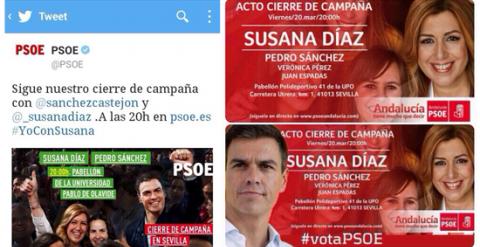 Carteles del mitin de cierre de campaña socialista en Andalucía que circulan por las redes sociales. M.S.