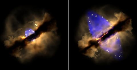 Gestación de un jet en una protoestrella de gran masa. Simulación de una eyección episódica en la protoestrella masiva W75N(B)-VLA 2. La eyección inicial en múltiples direcciones (izquierda) se transforma en una eyección colimada (derecha) según se expand