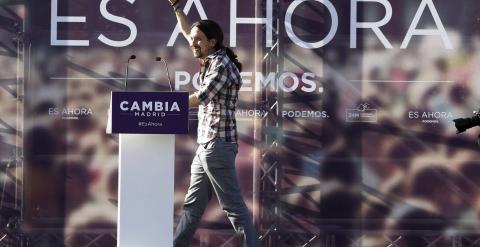 ¡El secretario general de Podemos, Pablo Iglesias, durante el mitin ofrecido el 8 de mayo en Alcalá de Henares. EFE/Kiko Huesca