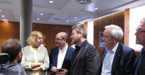 De izquierda a derecha, Echenique (Podemos), Luquin (IU), Lambán (PSOE), Soro (Cha) y Sada (PSOE). /Cortesaragon.es