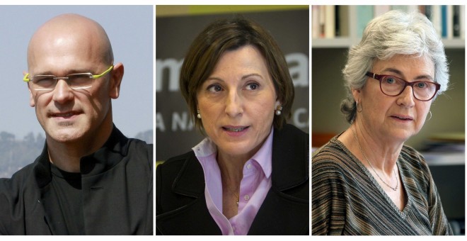 Raül Romeva que encabezará la lista unitaria para el 27-S , seguido por la expresidenta de la ANC, Carme Forcadell (c), y la presidenta de Òmnium Cultural, Muriel Casals (d). EFE