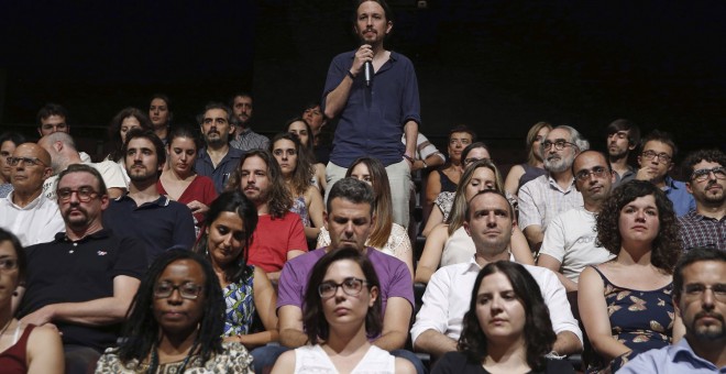 El líder de Podemos, Pablo Iglesias, durante la presentación de la candidatura 'Equipo Pablo Iglesias'.- J.J. Guillén (EFE)