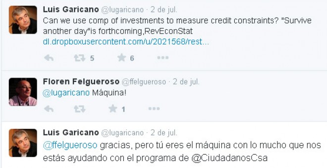Algunos de los tuits que Luis Garicano y Florentino Felgueroso se han intercambiado a través de Twitter / Archivo