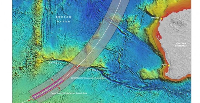 Imagen cedida por el Buró de Seguridad Australiana de Transporte del área de búsqueda del vuelo MH370 de Malaysua Airlines que desapareció entre Kuala Lumpur y Pekín en marzo de 2014 con 239 personas a bordo./ EFE