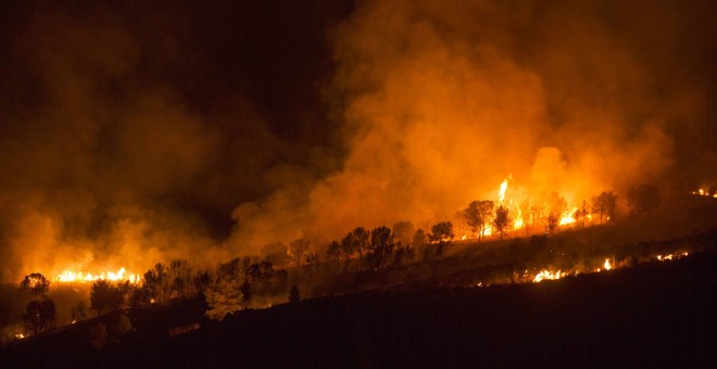 Imagen del incendio forestal en el Cañón de Almadenes, uno de los tres focos activos en la localidad murciana de Cieza. EFE/Marcial Guillén.