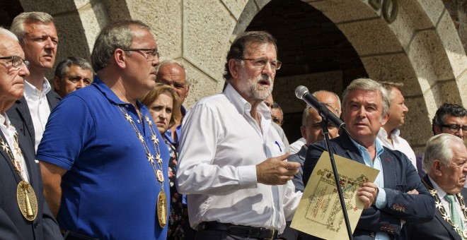 Mariano Rajoy, durante su intervención hoy en un acto en la localidad lucense de Portomarín.- EFE