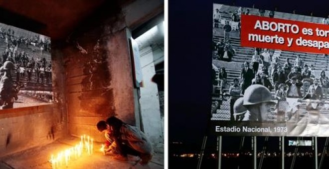 A la izquierda, dos personas encendiendo velas frente a una fotografía de la dictadura de Augusto Pinochet a finales de septiembre. A la derecha, la misma imagen editada y utilizada para una campaña antiaborto, a las afueras de Santiago./ EFE