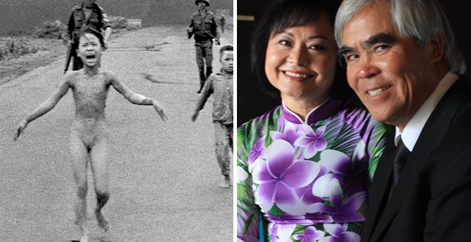 A la izquierda, la imagen de 'La niña del Napalm', a la derecha Kim Phúc y Nick Ut en la actualidad.-