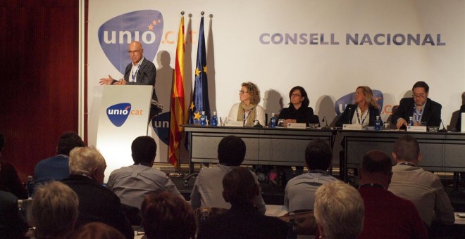 Josep Antoni Duran i Lleida durante su discurso en el Consell Nacional de Unió en L'Hospitalet. EUROPA PRESS