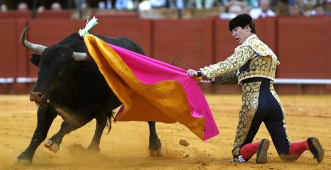 El diestro Esaú Fernández ve como su primer toro, de la ganadería de Las Ramblas, le arrebata el capote enganchado en el pitón. EFE