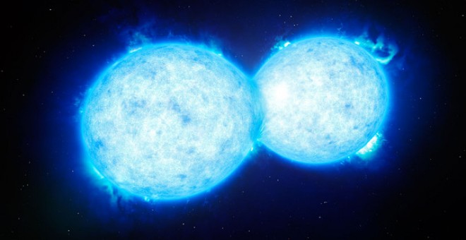 Ilustración de las estrellas del sistema binario de contacto más masivo y caliente. / ESO/L. Calçada