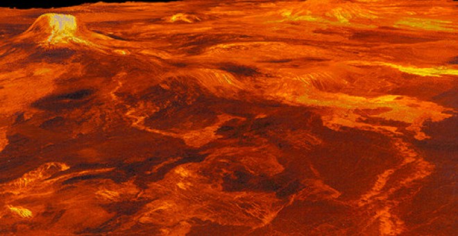 Recreación en 3D de la región venusiana Western Eistla, a partir de imágenes obtenidas por la sonda Magallanes / JPL-NASA.