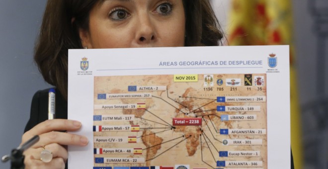 La vicepresidenta del Gobierno, Soraya Sáenz de Santamaría, muestra un mapa que señala la localización de tropas españolas en el extranjero, durante la rueda de prensa posterior a la reunión del Consejo de Ministros celebrada en el Palacio de la Moncloa.