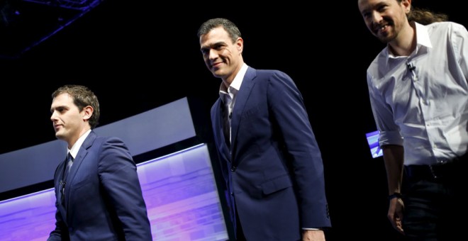 Albert Rivera, Pedro Sánchez y Pablo Iglesias, antes del debate. REUTERS/Juan Medina