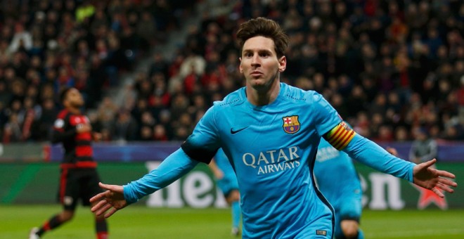 Messi celebra su gol al Bayer Leverkusen. REUTERS/Ina Fassbender