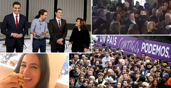 Varios momentos de la campaña electoral del 20-D. De izquierda a derecha y de arriba a abajo: Los participantes del debate electoral a 4 en Atresmedia; la agresión a Mariano Rajoy en Pontevedra; la concejala de C's en Madrid comiendo un bollo para contest