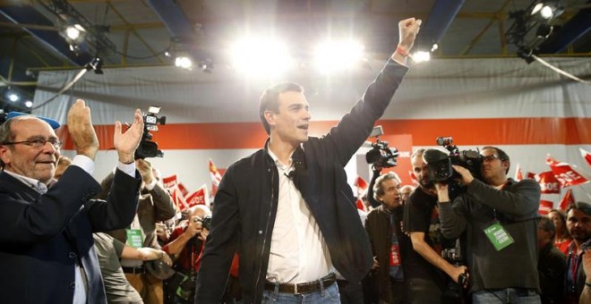 Pedro Sánchez, durante el mitin del PSOE en Fuelabrada. EFE/Zipi