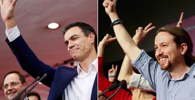 El líder del PSOE, Pedro Sánchez, y el de Podemos, Pablo Iglesias, celebran con sus seguidores los resultados de las elecciones del 20-D. REUTERS