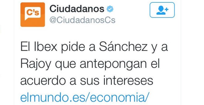 Tuit de Ciudadanos que fue borrado a las pocas horas tras sembrar polémica en la red social.