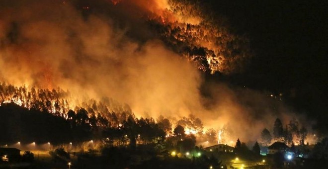 Un incendio forestal se ha declarado a últimas horas de la tarde de hoy en el municipio de Berango en Bizkaia. EFE/Miguel Toña