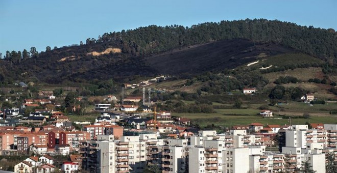 El incendio forestal declarado el domingo en el municipio vizcaíno de Berango ha quedado extinguido tras quemar unas 200 hectáreas, según ha informado hoy la Diputación Foral de Bizkaia. EFE/Miguel Toña