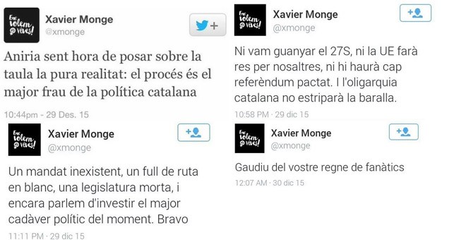 Tuits del ex excabeza de lista de la CUP por Barcelona en las elecciones municipales de 2011, Xavier Monge, criticando la marcha del proceso soberanista.