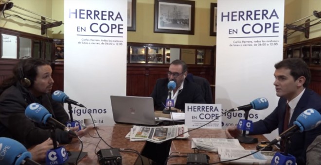 Pablo Iglesias y Albert Rivera durante su intervención en la cadena COPE.