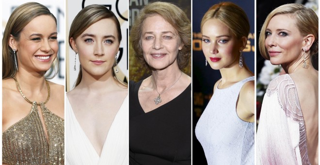 Las actrices candidatas a Oscar 2016 como protagonista, de izquierda a derecha: Brie Larson, Saoirse Ronan, Charlotte Rampling, Jennifer Lawrence, y Cate Blanchett. REUTERS