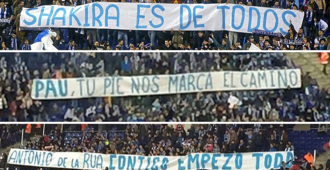 Algunas de las pancartas exhibidas anoche en el estadio de Cornellá.