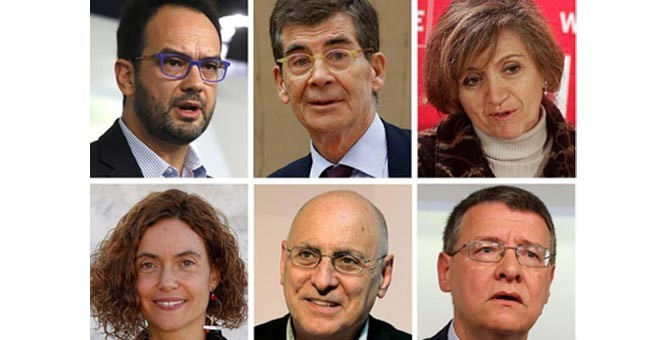 De arriba a abajo, y de izquierda a derecha, Antonio Hernando, José Enrique Serrano, María Luisa Carcedo, Meritxell Batet, Rodolfo Ares y Jordi Sevilla. / EFE