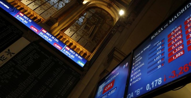 La Bolsa española se dejaba arrastrar un día más por las dudas y el miedo al futuro y su principal indicador, el Ibex 35, cedía un 2,39% y perdía el nivel de los 8.000 puntos.EFE/Juan