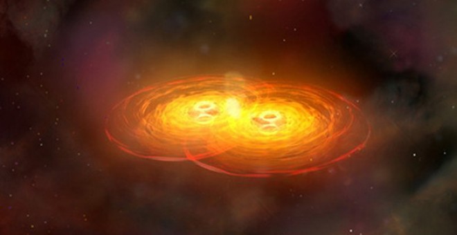 Ilustración de la fusión de dos agujeros negros, un evento que puede generar ondas gravitacionales. / NASA